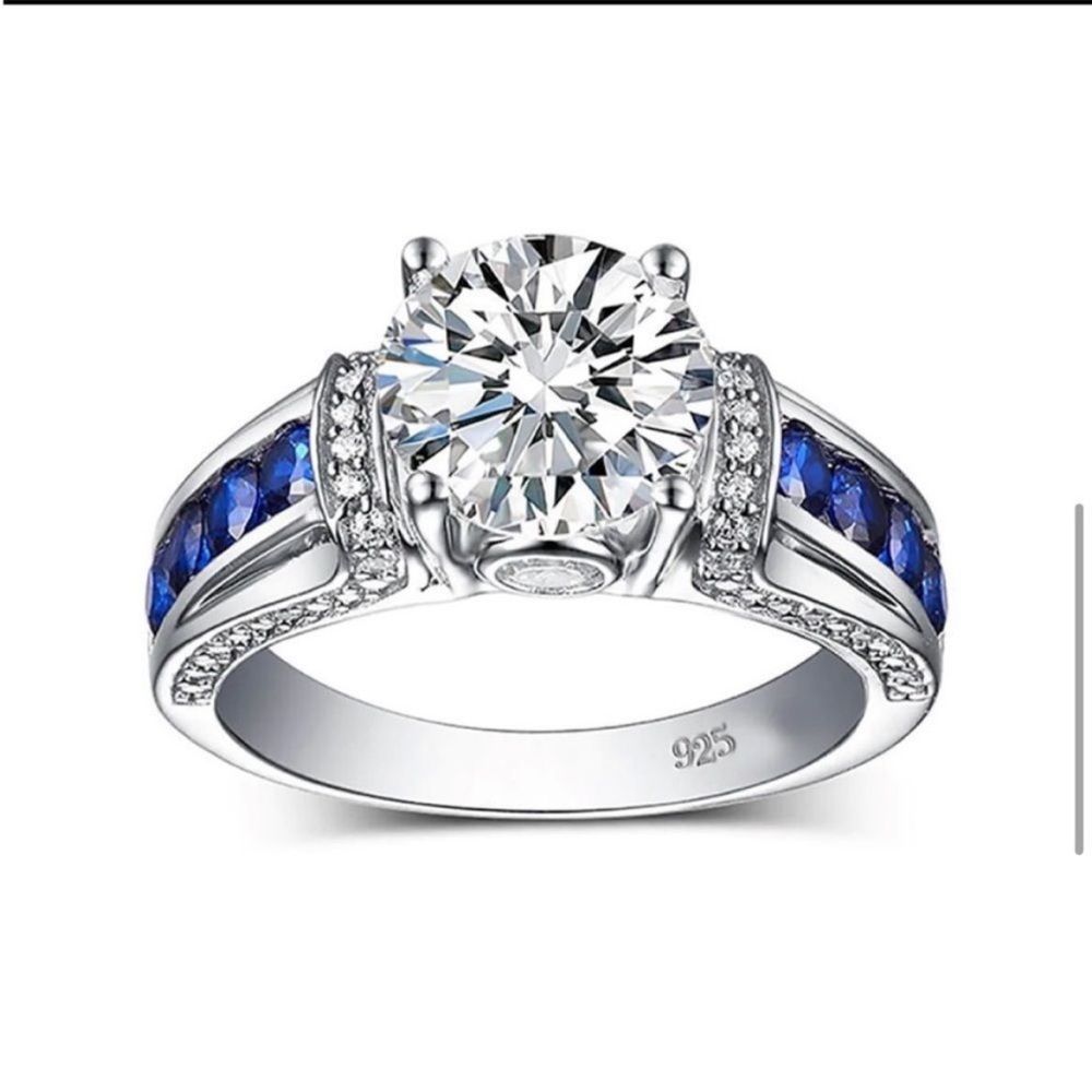 BEAUTIFUL 4CTW MOISSANITE
& BLUE SAPPHIRE STERLING SILVER ENGAGEMENT RING 7